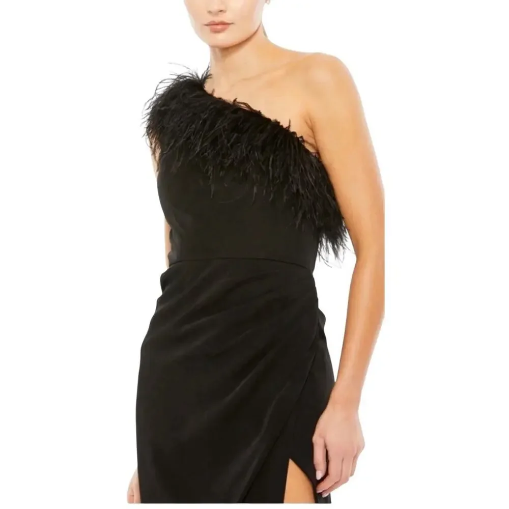 Mac Duggal A68147 Black‎ Feathered One-Shoulder Dress Size 10 NWT - Picture 2 of 7